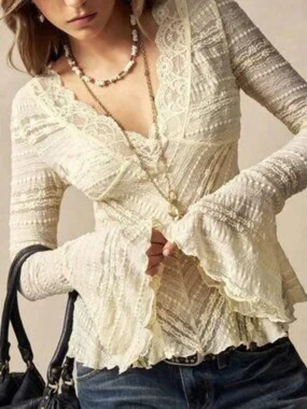 Apricot Casual Boho Women's Long Sleeve V-Neck T-Shirt Contrast Lace Graphic